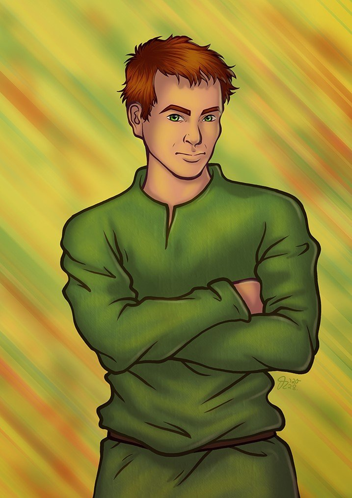 Zeichnung eines Jungen mit roten Haaren, grünen Augen und einer grünen Tunika. Er schaut skeptisch und hat die Arme vor seiner Brust verschränkt. Protagonist Jack O'Connor aus der Dürre-Trilogie