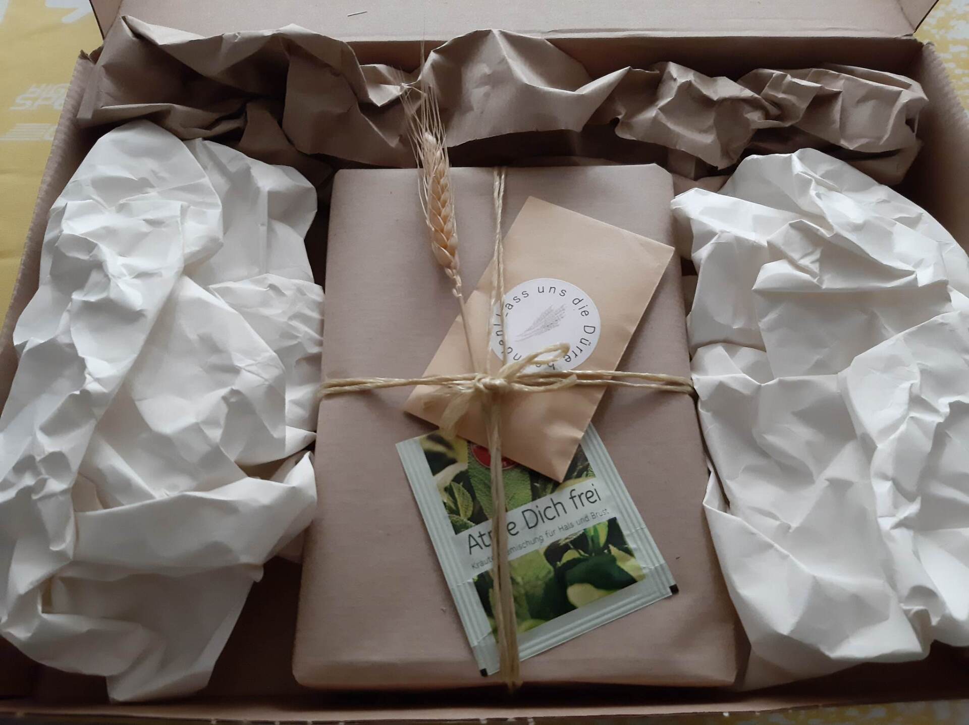 Ein verpacktes Buch von Dürre - Schatten der Vergangenheit. Es ist in braunes Packpapier gewickelt, eine Paketschnur teilt das Päckchen in vier Rechtecke. Eine Kornähre, ein Tütchen mit Blumensamen und ein Tütchen mit Tee sind mit der Krodel befestigt. Das Päckchen ruht in einer mit Papier ausgelegten Schachtel.