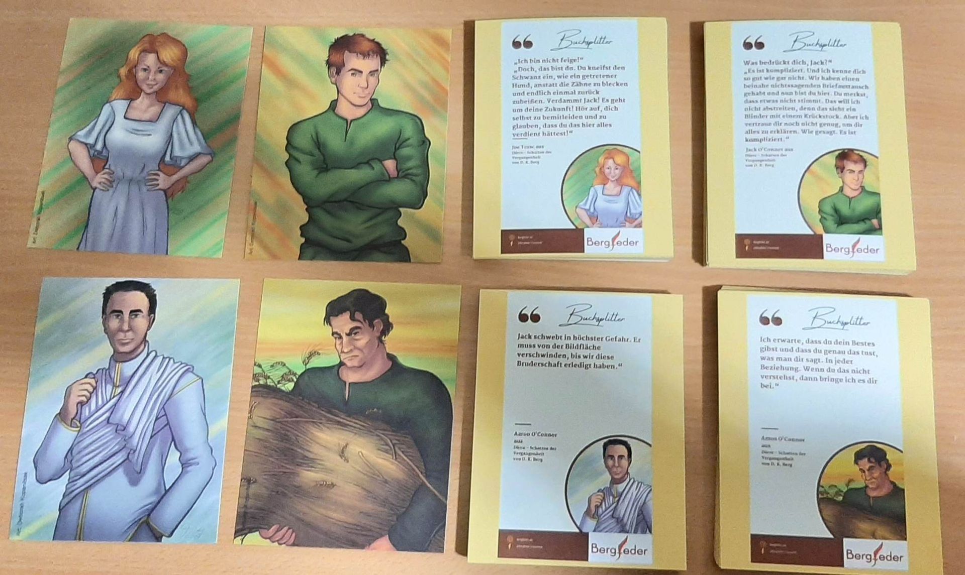 Postkarten mit Buchsplittern für Besucher der BuchPassion in Bremen Postkartenmotive mit vier Charakteren des 1. Bands der Dürre-Trilogie