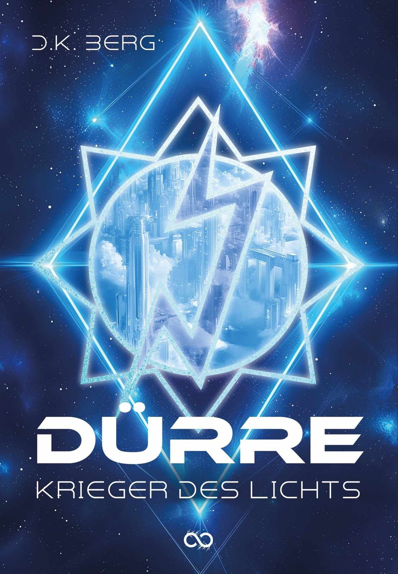 Vorläufiges Cover Dürre - Krieger des Lichts Cover des Buches Dürre - Kriger des Lichts, beleuchtete Hochhäuser in der Dämmerung, futuristisch