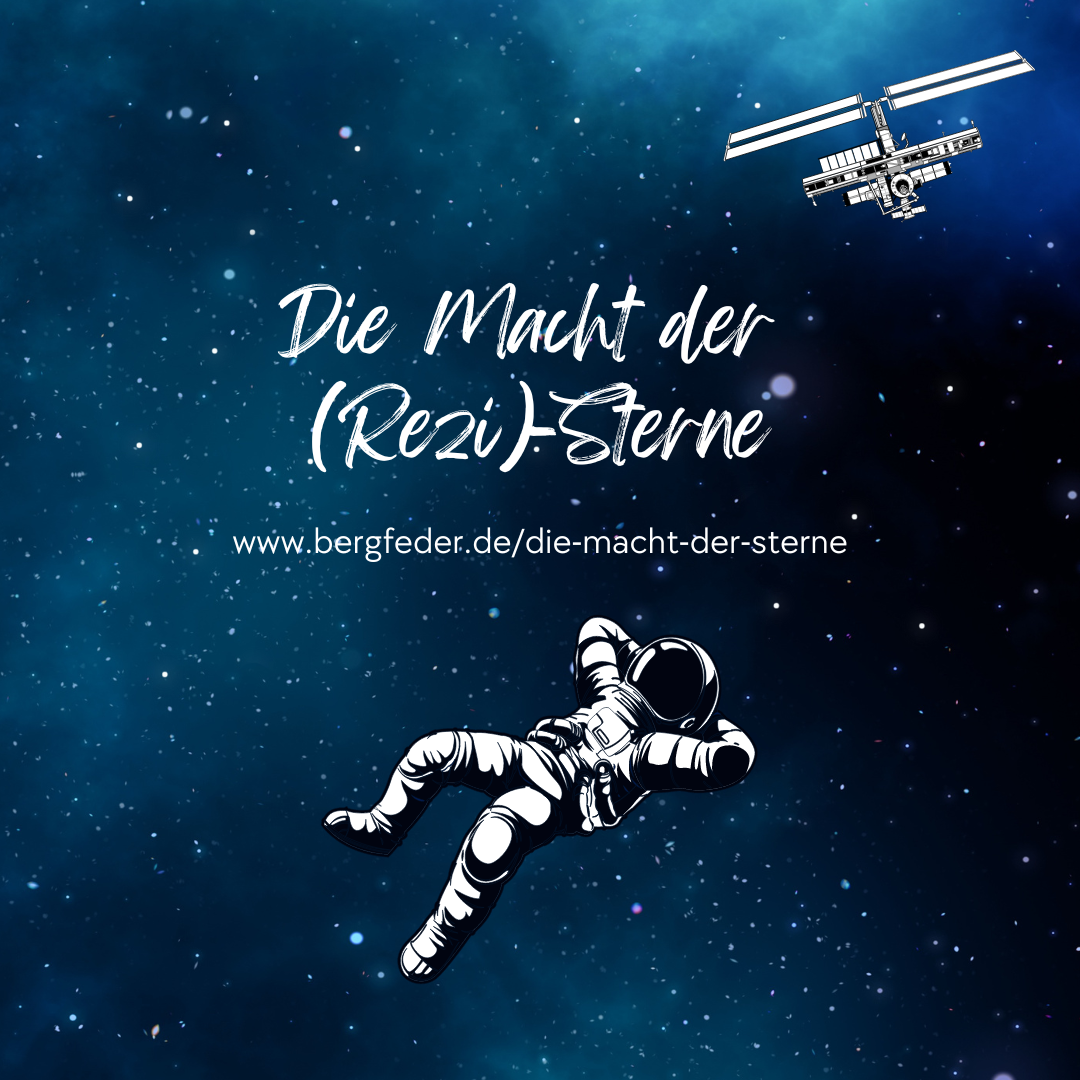 Ein Astronaut im Weltall schwebend, betrachtet die Sterne, die als Symbol für die Rezensionen stehen