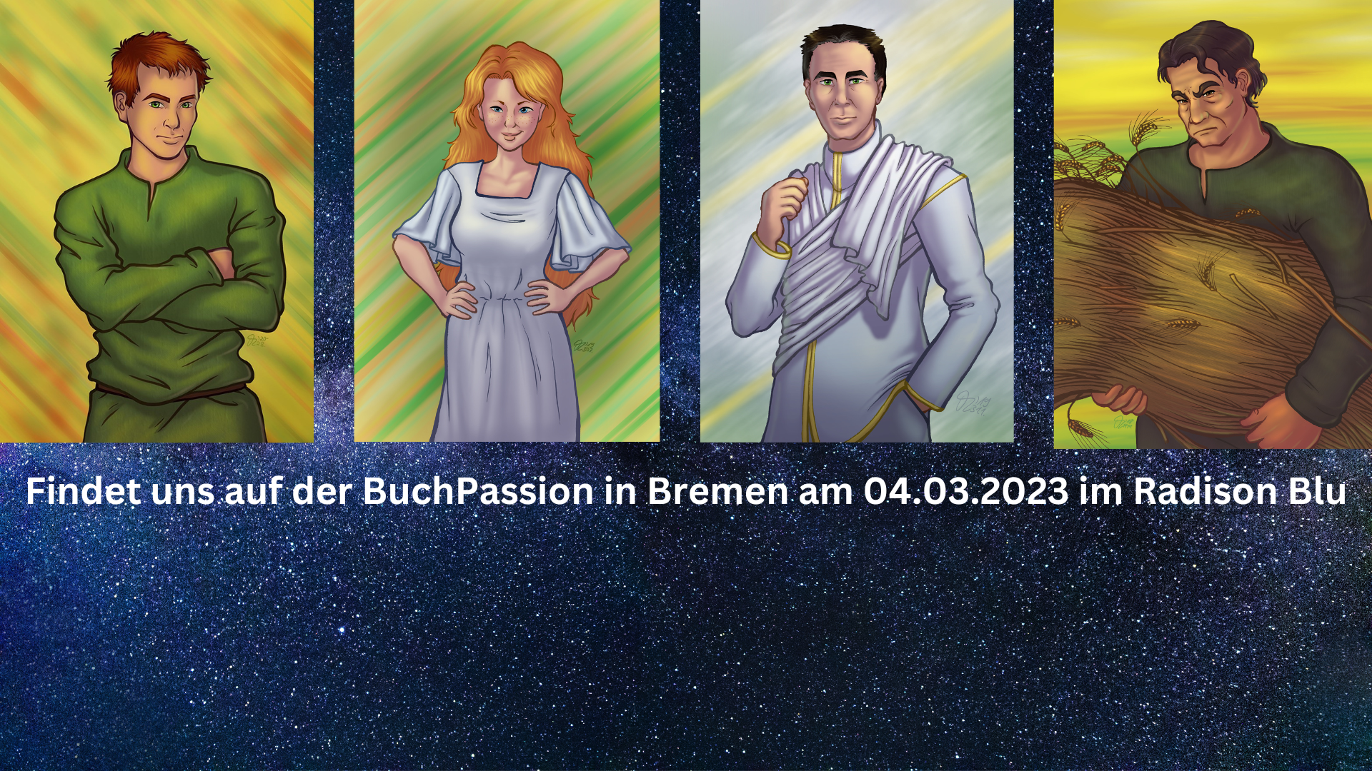 Titelbild für die Buchmesse BuchPassion mit vier Charakteren aus dem Romandebut von D. K. Berg