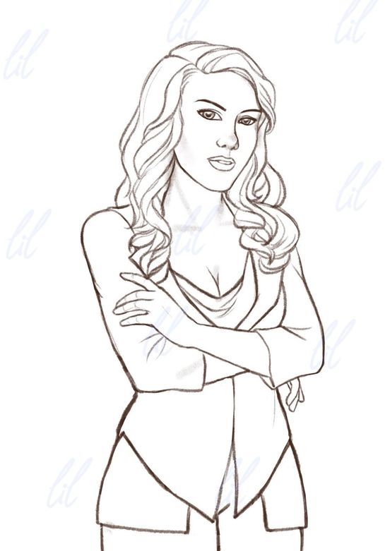 Skizze Melinda Bow aus Dürre - Krieger des Lichts, eine Frau, die ihre Arme vor der Brust verschränkt, schulterlanges Haar, offenes Gesicht, weiße Jacke, weißes Top und weiße Hose