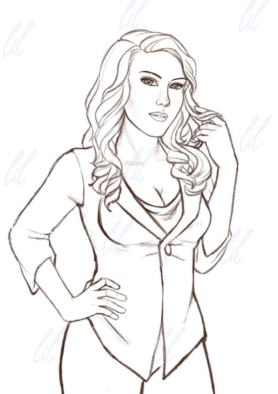 2. Skizze Melinda Bow aus Dürre - Krieger des Lichts, eine Frau, die ieine Hand in die Hüfte stützt und mit der anderen in ihrem Haar spielt, schulterlanges Haar, offenes Gesicht, weiße Jacke, weißes Top und weiße Hose