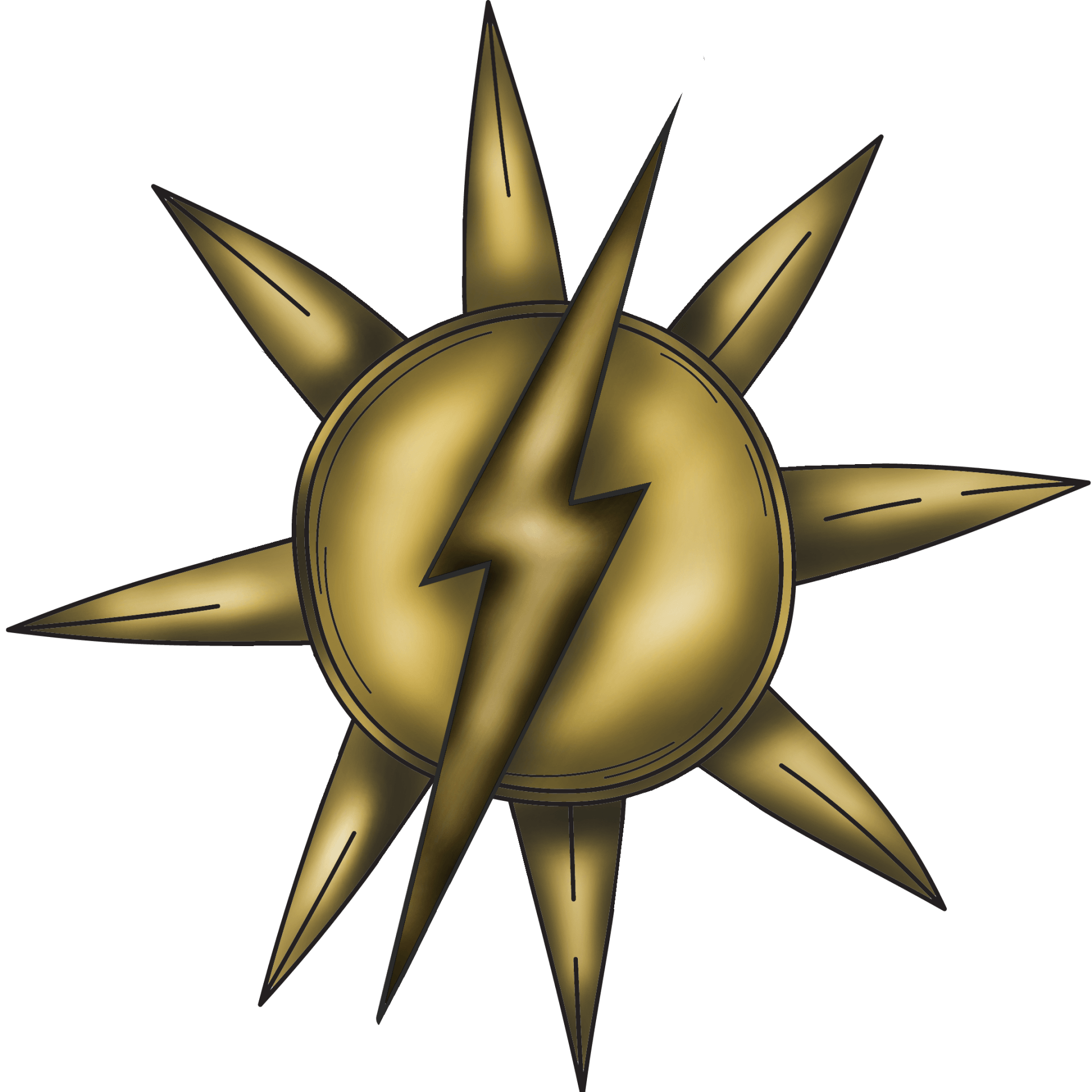 Eine achtstrahlige Sonne, durch die ein gezakter Blitz hindurchgeht. Alles ist in Gold gehalten mit schwarzen Schatten und Umrissen.