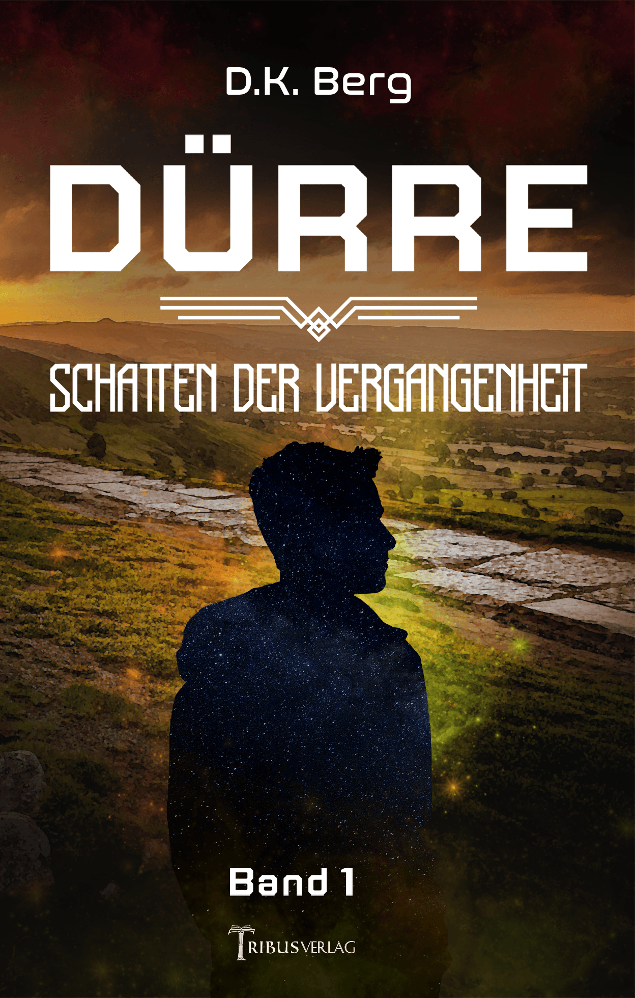 Buchcover mit dem Titel: Dürre - Schatten der Vergangenheit. Schattenriss eines Jungen, der nach rechts blickt. Dahinter eine Landschaft mit einem Weg, alles in Gelb gehalten.