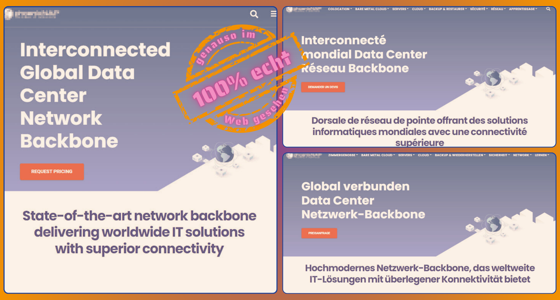 Screenshots einer Webseite in verschiedenen Sprachen, mit groben Übersetzungsfehlern
