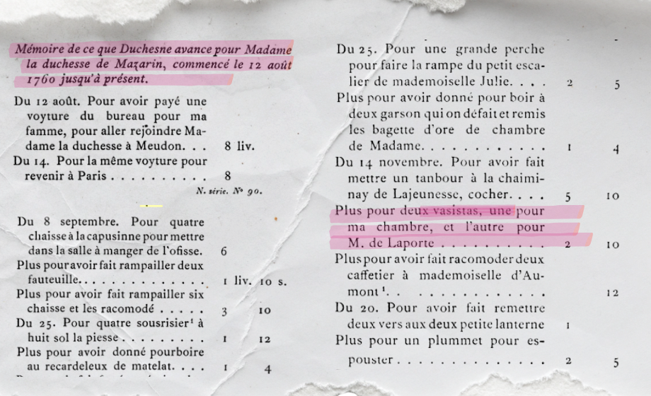 Ausgabenvereichnis von Madame la Duchesse de Mazarin - 1760