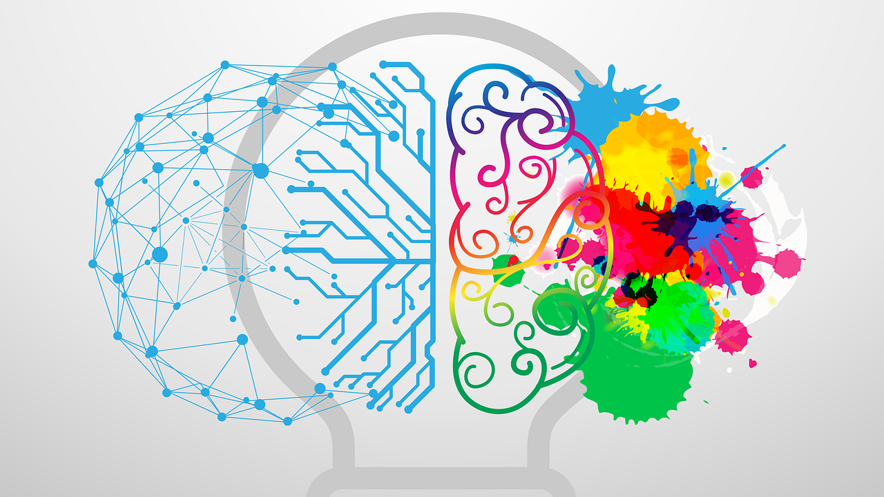 Zwei Gehirnhälften in eine Glühbirne: die kreative Seite als Farbflecken und die analytische Seite als integrierte Schaltung dargestellt. Zwei Gehirnhälften in eine Glühbirne: die kreative Seite als Farbflecken und die analytische Seite als integrierte Schaltung dargestellt.