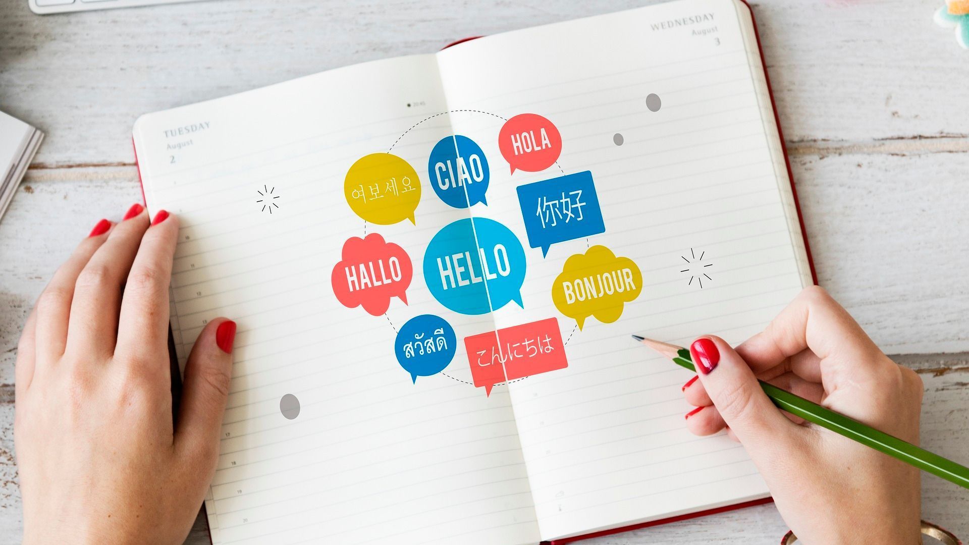 Notizbuch mit Sprechblasen in unterschiedlichen Sprachen