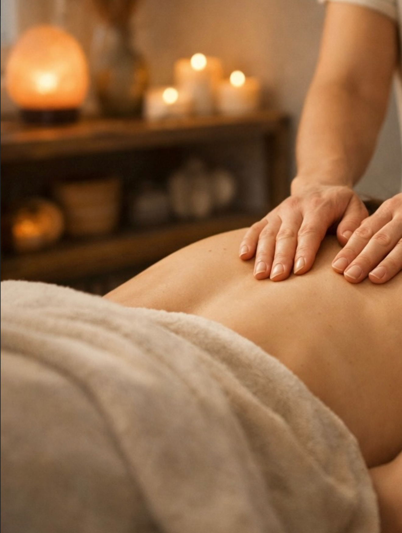 Massage therapy session with hands resting on a client’s back in a calm, softly lit treatment space.