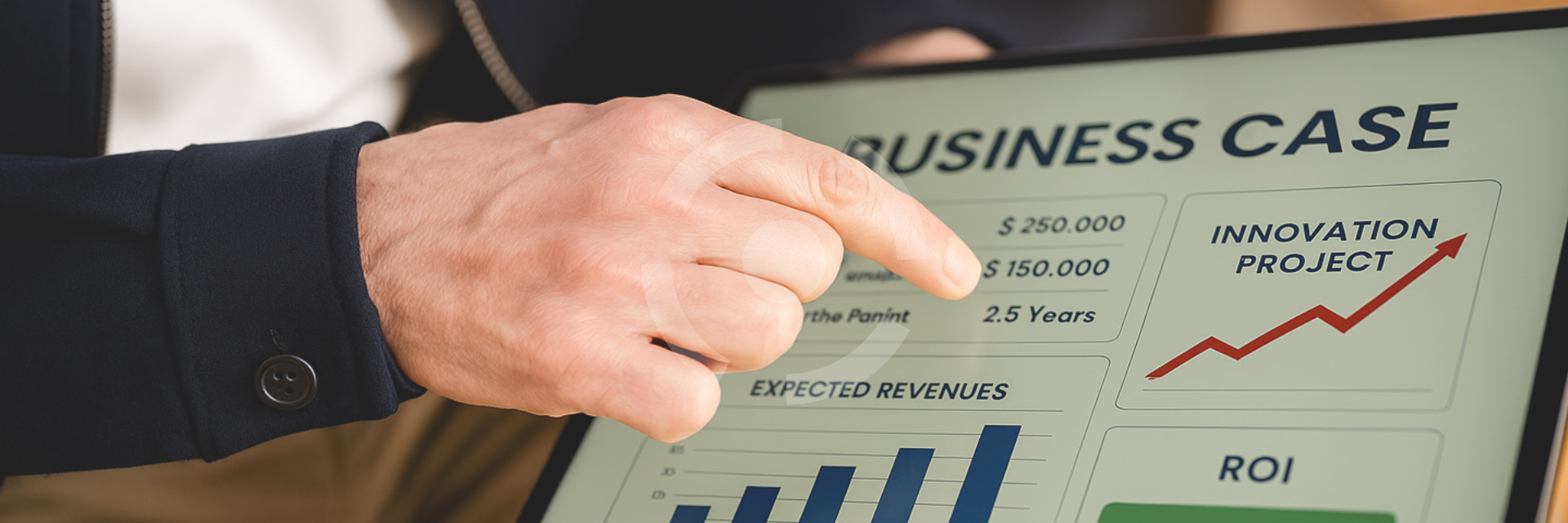 Eine Hand zeigt auf ein Business Case Dashboard mit Marktpotenzial, Kosten und ROI