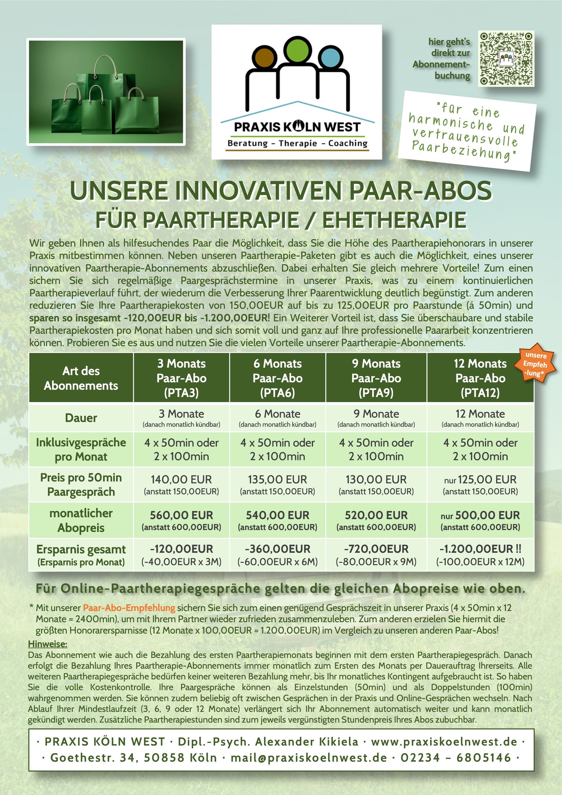 Übersicht Abonnements für Paartherapie und Ehetherapie Übersicht Abonnements für Paartherapie und Ehetherapie