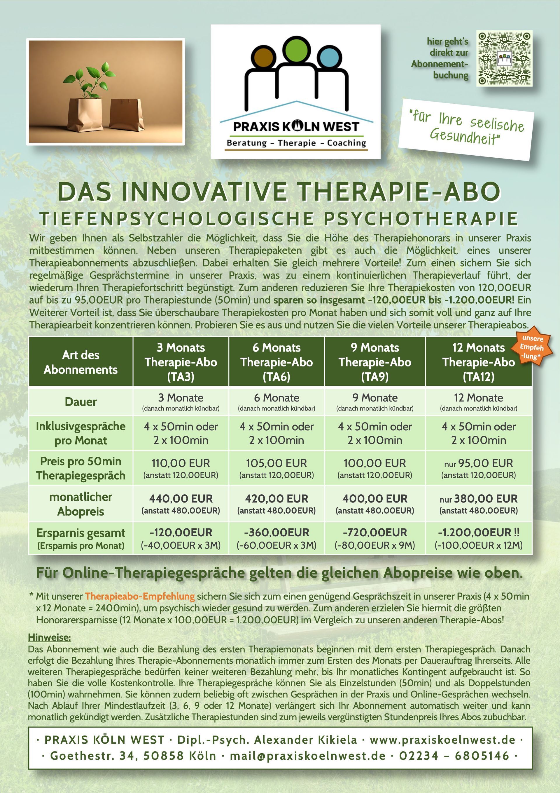 Übersicht Abonnements für Psychotherapie Einzelperson Übersicht Abonnements für Psychotherapie Einzelperson