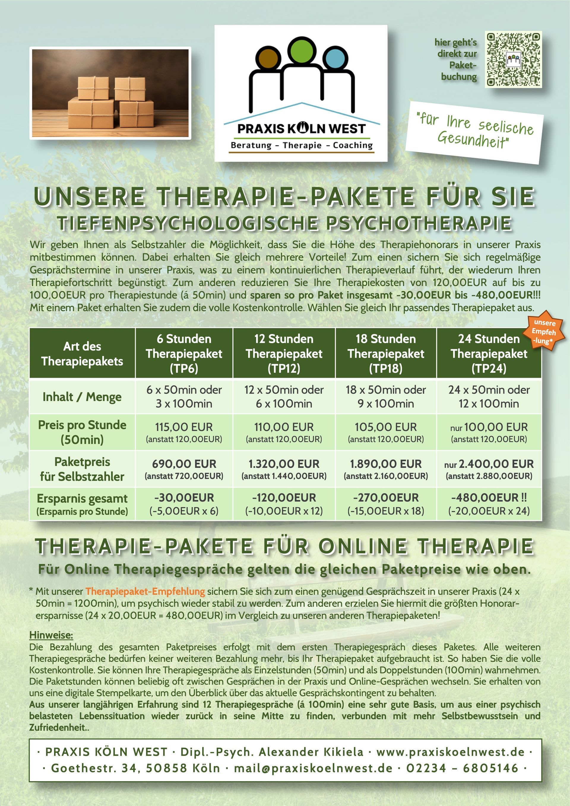 Übersicht Pakete für Psychotherapie Einzelperson Übersicht Pakete für Psychotherapie Einzelperson