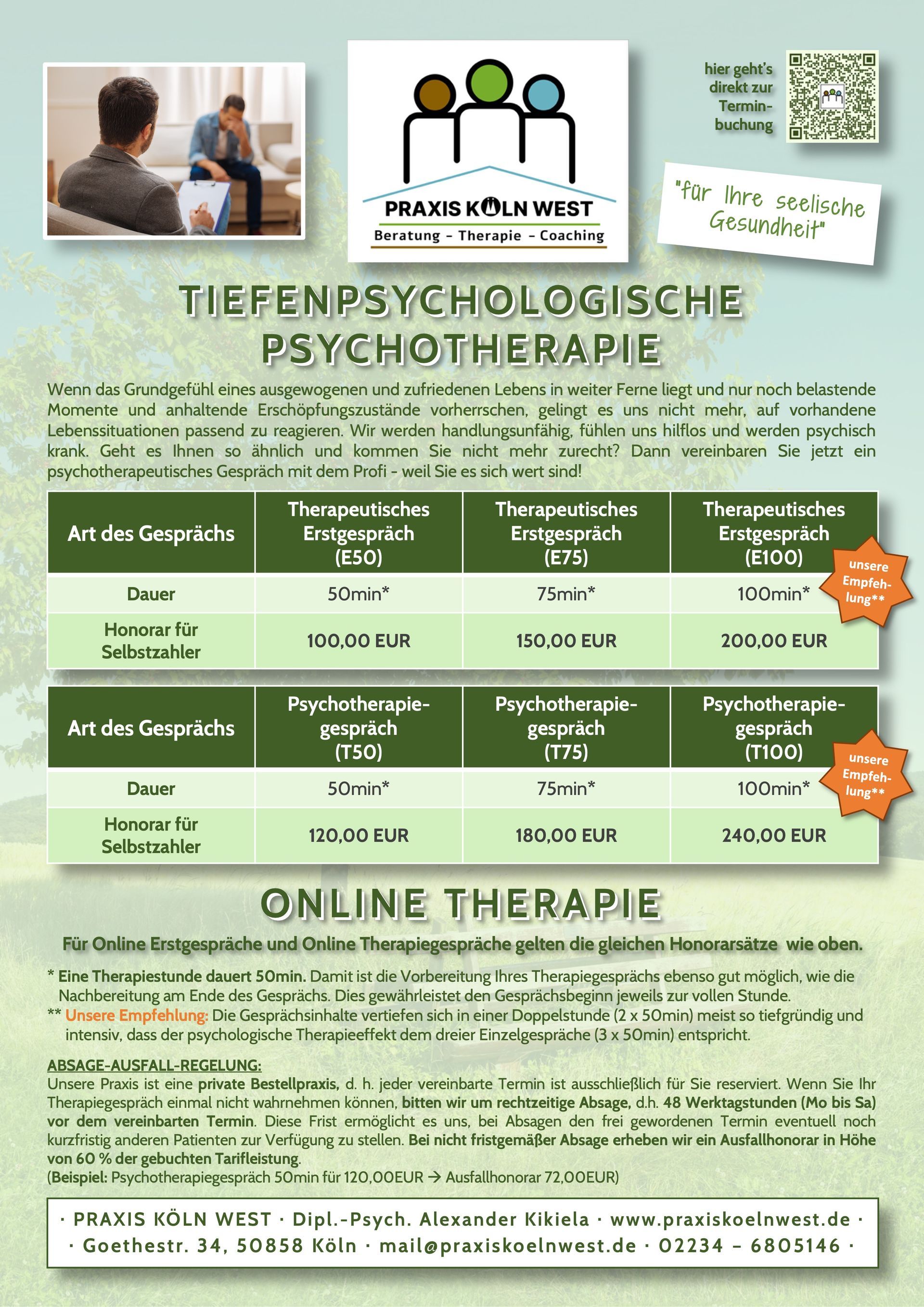 Preisübersicht für Psychotherapie und Online-Therapie Einzelperson Preisübersicht für Psychotherapie und Online-Therapie Einzelperson