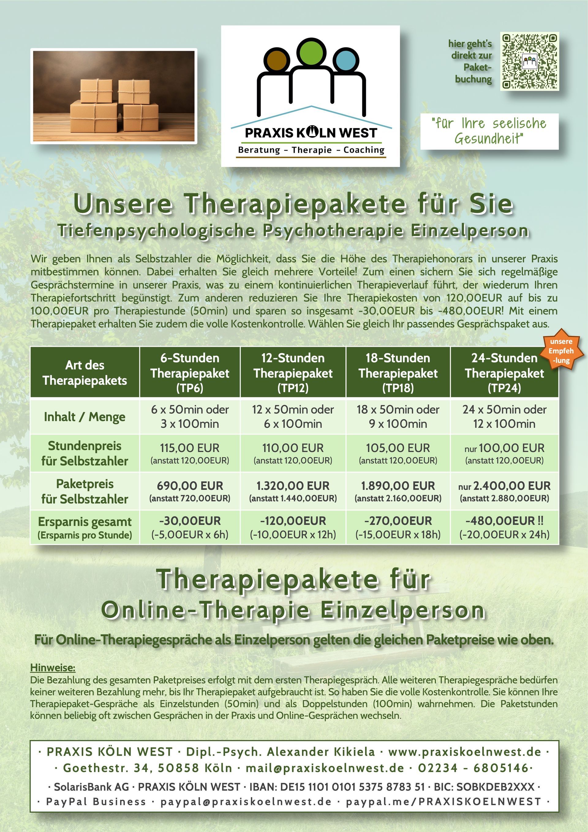 Übersicht Pakete für Psychotherapie Einzelperson Übersicht Pakete für Psychotherapie Einzelperson