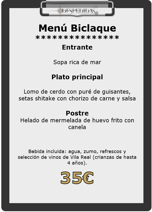 Menú Biclaque para despedidas en Portugal