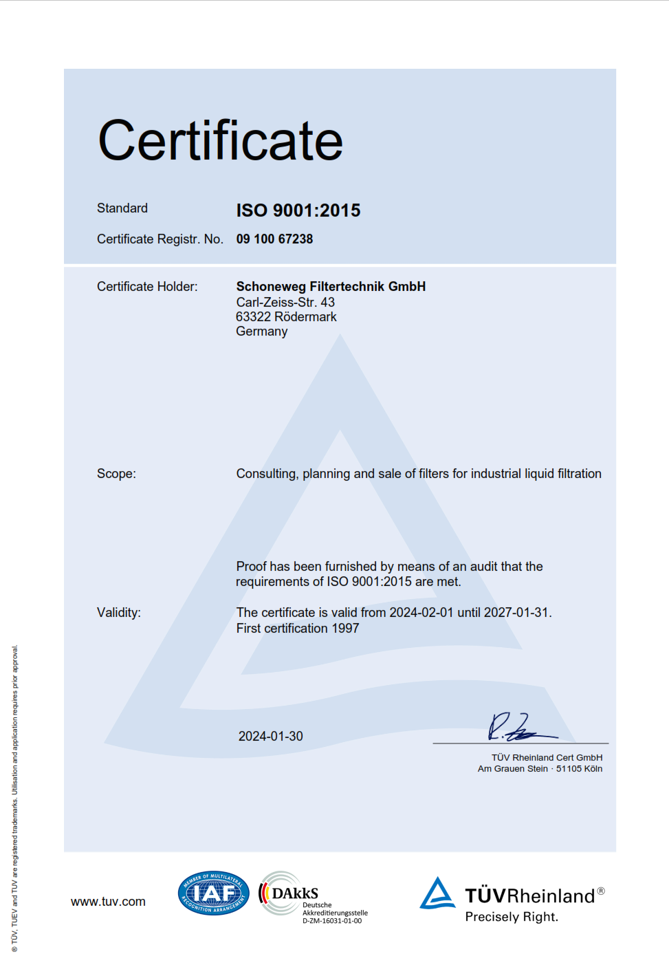 Schoneweg Filtertechnik Zertifikat ISO 9001:2015 englisch