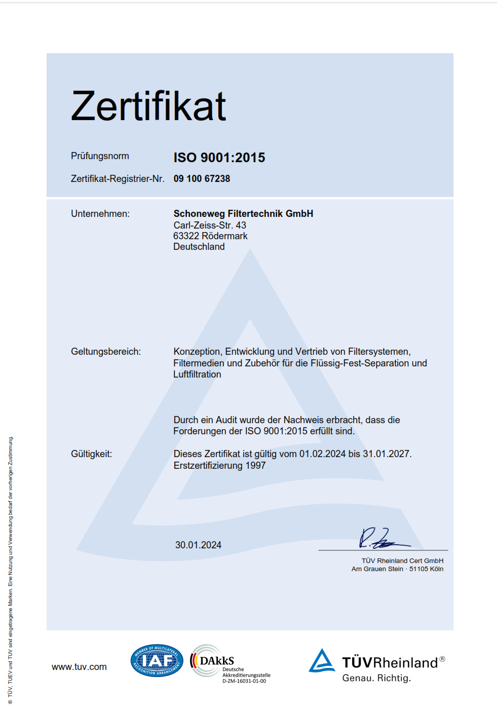 Schoneweg Filtertechnik Zertifikat ISO 9001:2015 deutsch