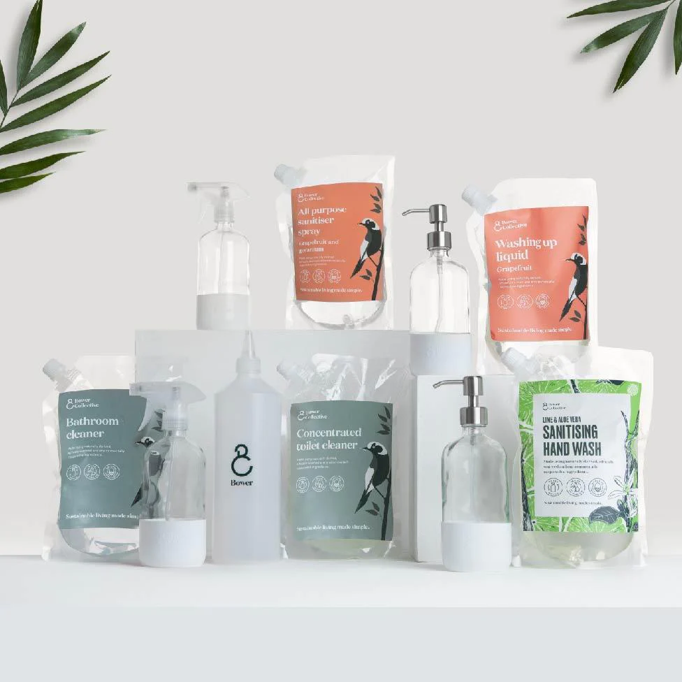 refillable, reusable basket of household cleaners and personal care products