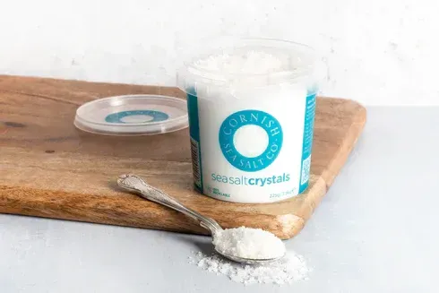 Follow the recipe using Cornish Sea Salt Crystals or Flakes White container on brown wood