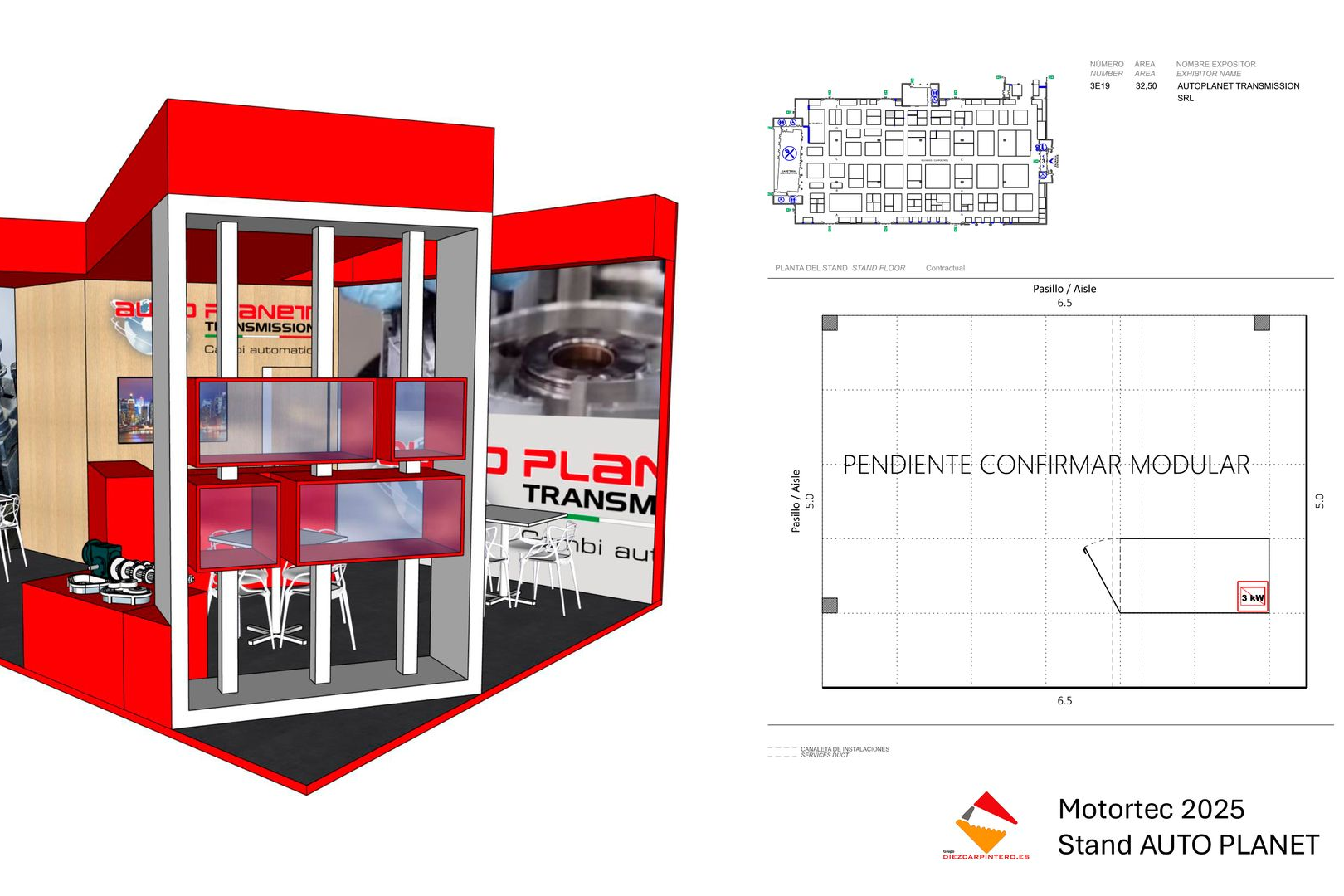 Plano técnico y distribución del stand de AutoPlanet en MOTORTEC Madrid