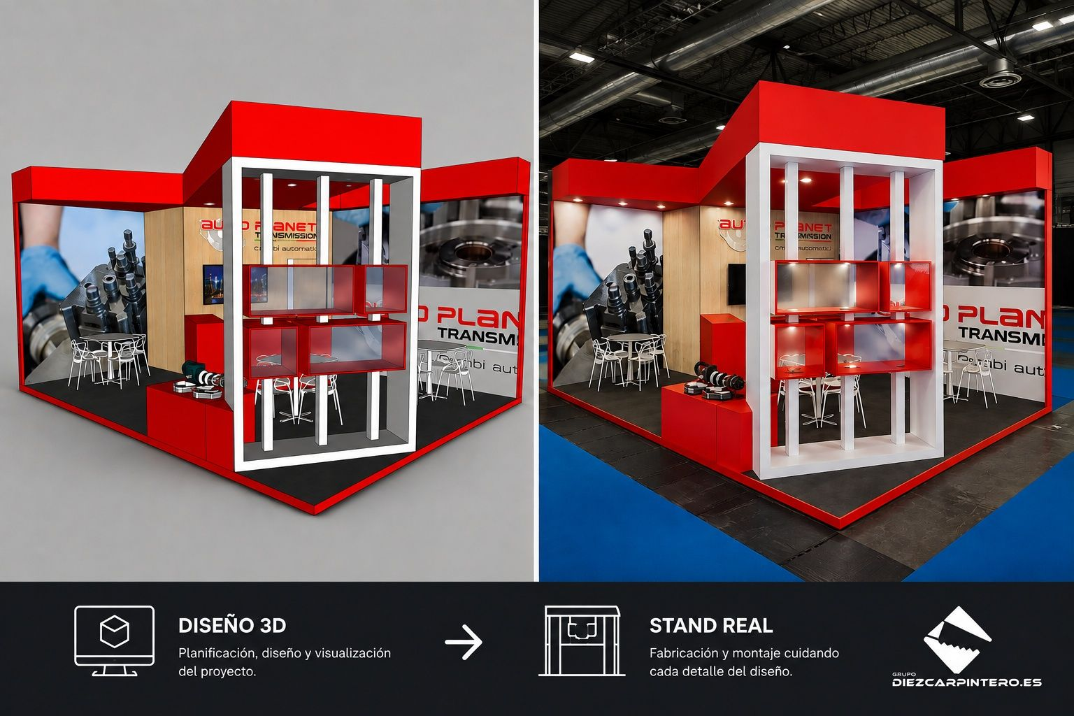 Diseño 3D y renderizado de un stand personalizado antes de su fabricación y montaje en feria.