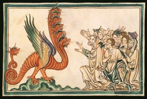A six headed red dragon with feathered wings stands in front of a frightened crowd of people.