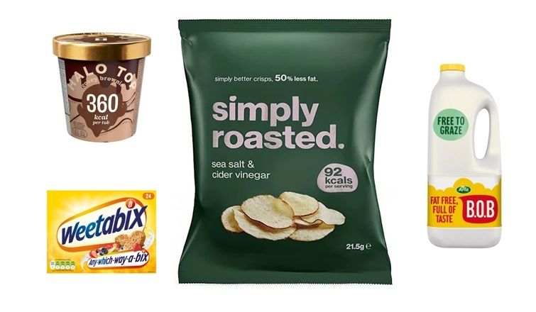 Compilation of healthy products including Halo Top ice cream, Weetabix breakfast cereal, Simply Roasted seas salt and cider vinegar crisps and Arla BOB (best of both) milk.