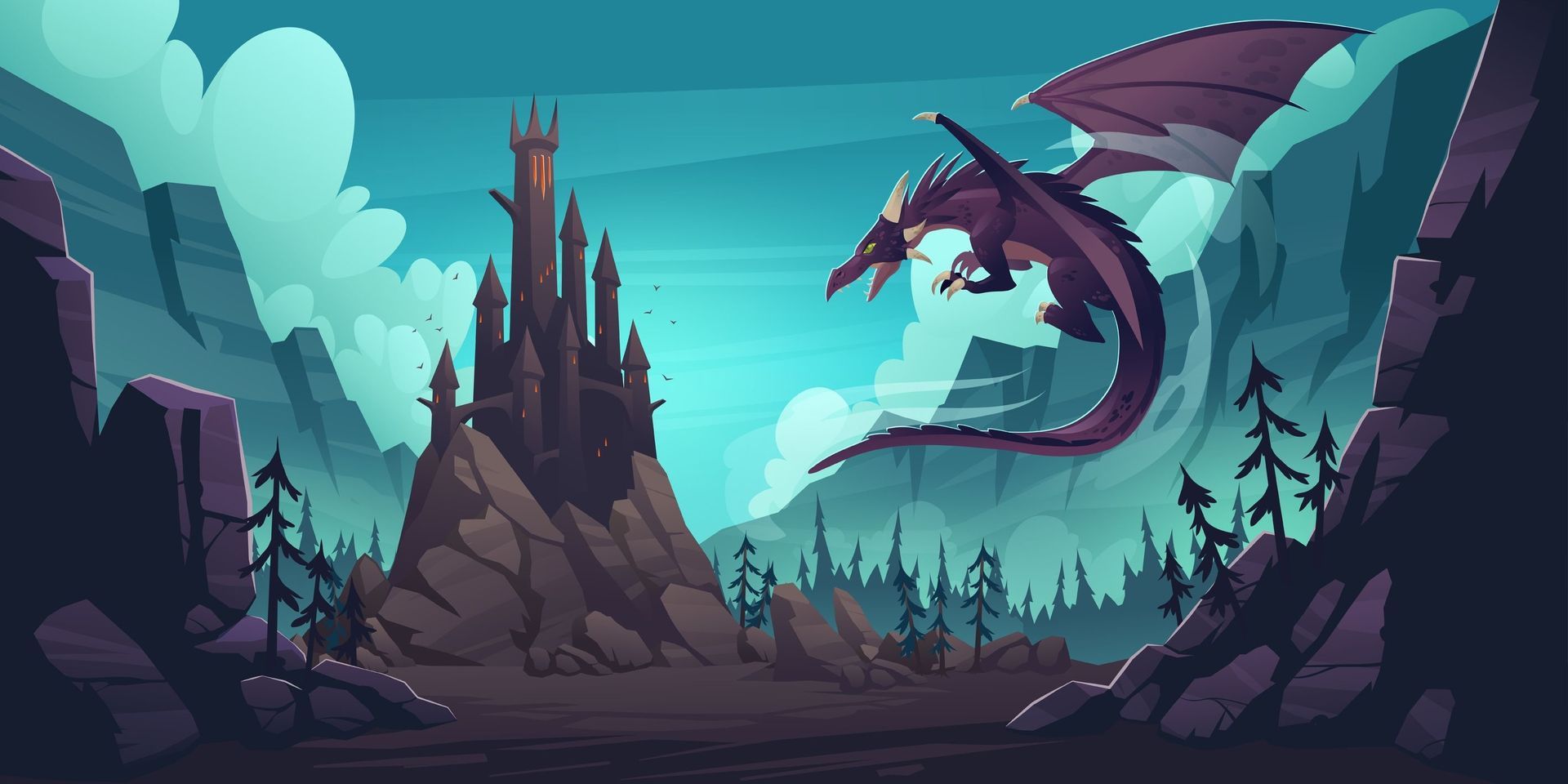 Story illustration of a red dragon flying above a make-believe castle