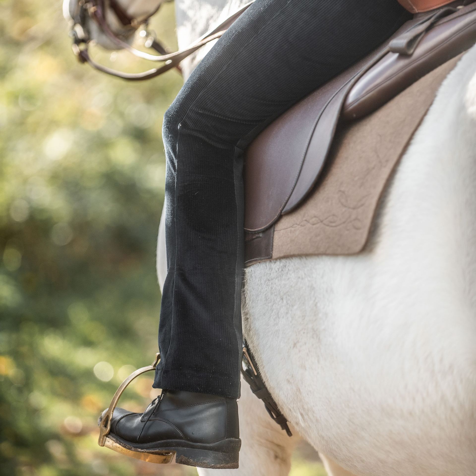 twobreeches midnightblue aus blauem Cord im Sattel getragen