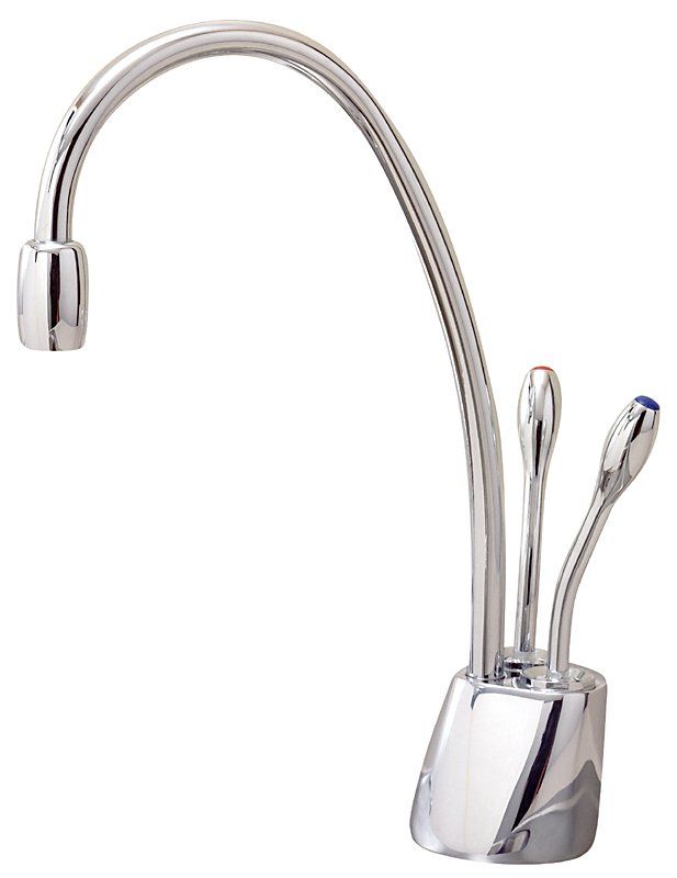 InSinkErator Heißwasserspender mit geschwungenem Auslauf, Chromoberfläche und zwei separaten Ventilgriffen für Wasser und Heißwasser