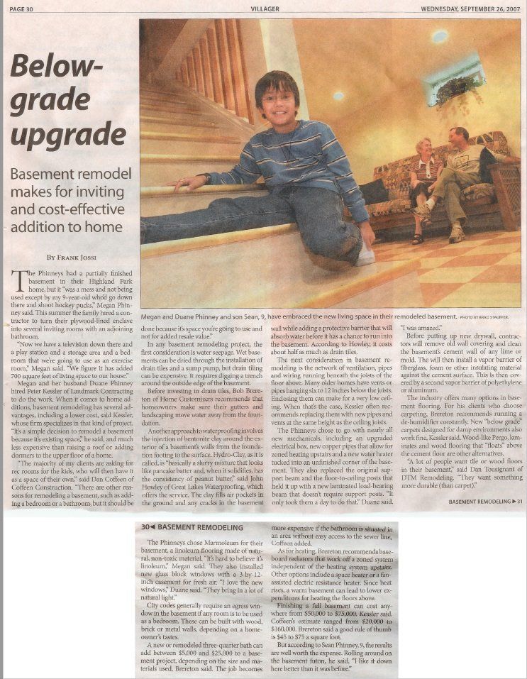 Great Lakes Waterproofing featured in the Highland Villager