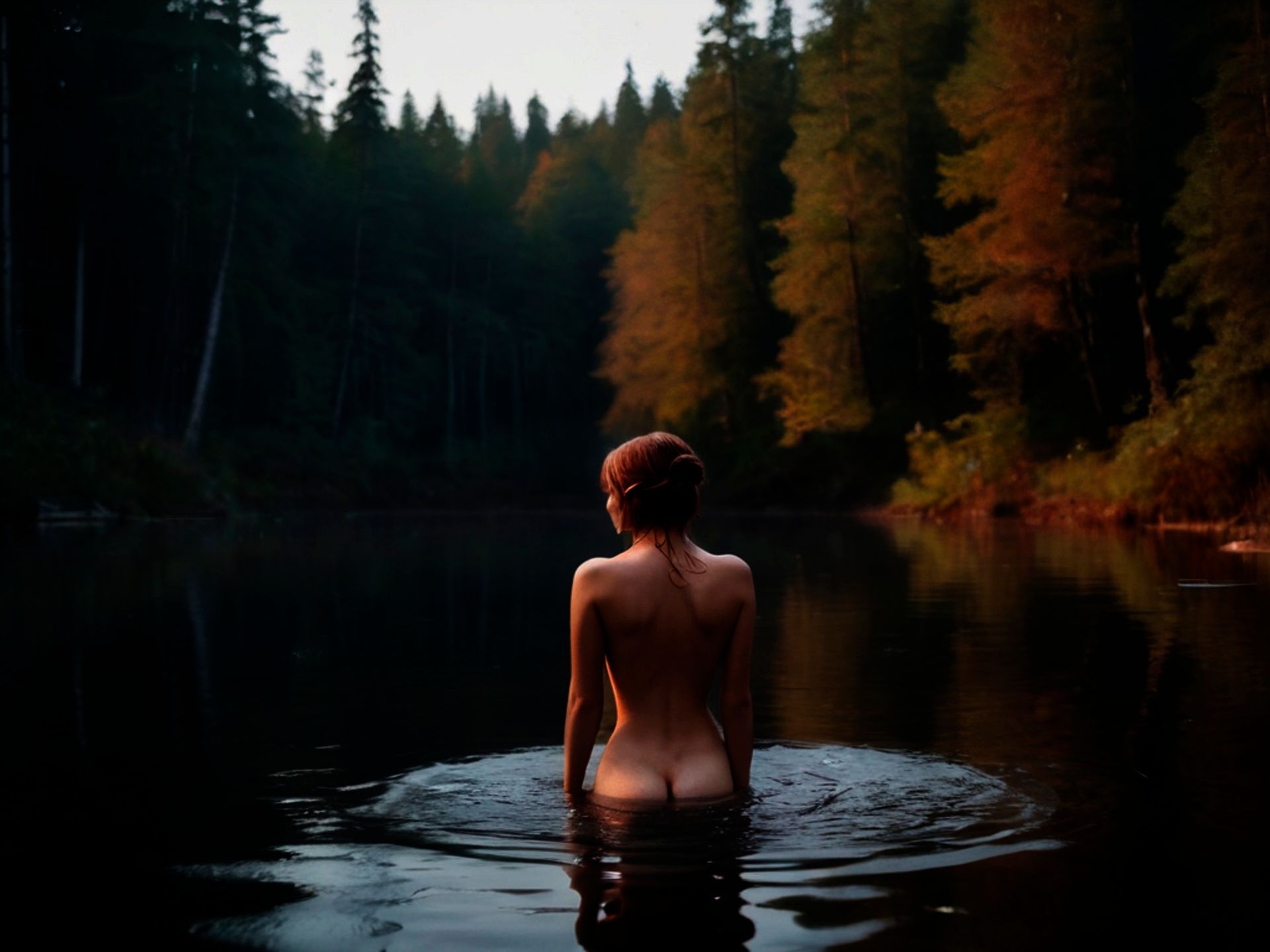 Im Waldsee unweit der Burg wird gebadet, Erholung nach guter Schule. Junghexe und Schülerin auf Burg Grottental badet im Waldsse und erholt sich vom harten Burgalltag.