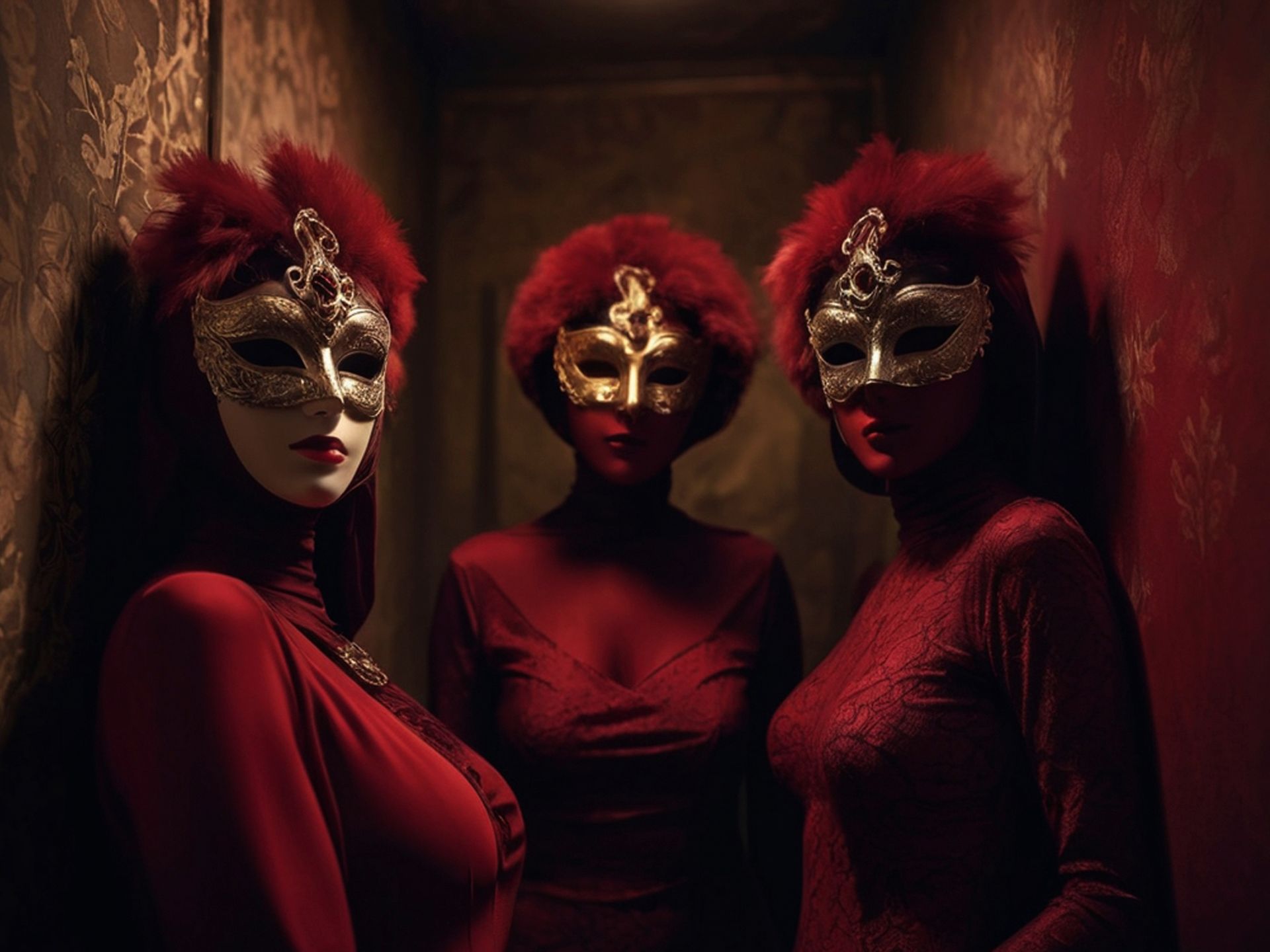 3 Hexen in roter venezianischer Kostümierung beim Maskenball auf der Burg Uniformen, Verinheitlichung, Kostümierung und Maskerade zur Vereinheitlichung oder zum Aussondern. 3 Hexen in roter venezianischer Clubtracht.