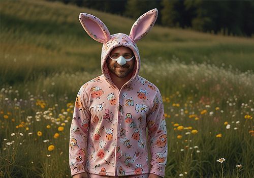 Besitzergreifend! Die Hexe gibt Sicherheit. Ulkiger Mann in einem rosa Häschen Pyjama