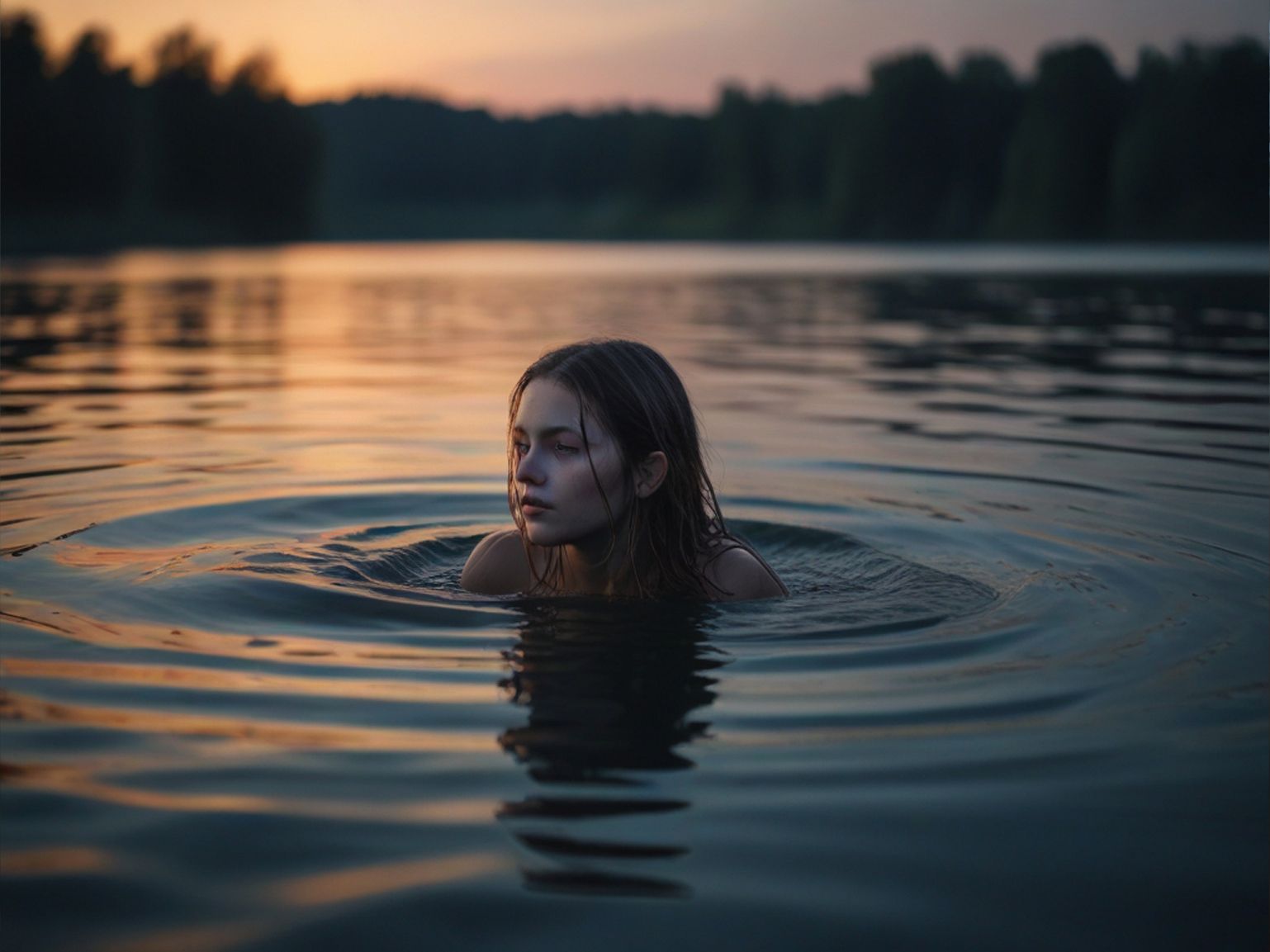Erste Gedanken als Junghexe, ein früher Morgen. Ein Junghexe am Tag ihrer Ernennung beim Baden im Waldsee.