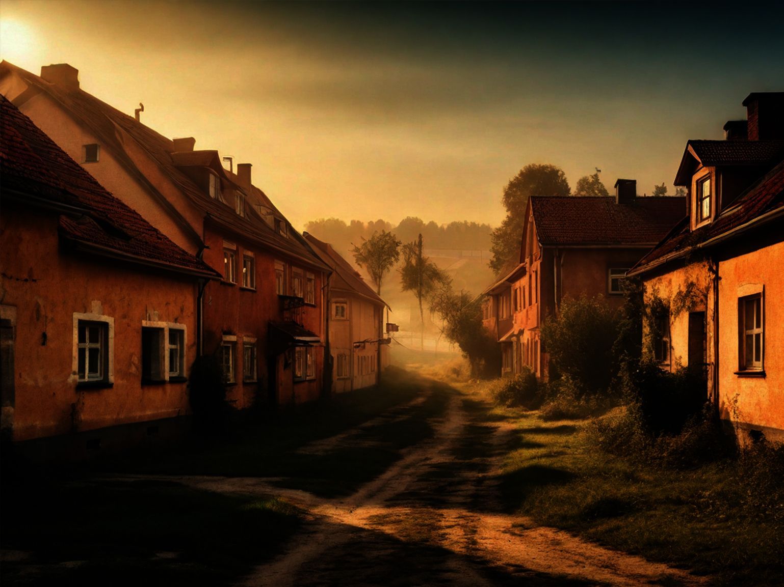 Eine sandige kleine enge Straße in einem Dorf. Ein sommerlicher Morgen, warmes Licht.