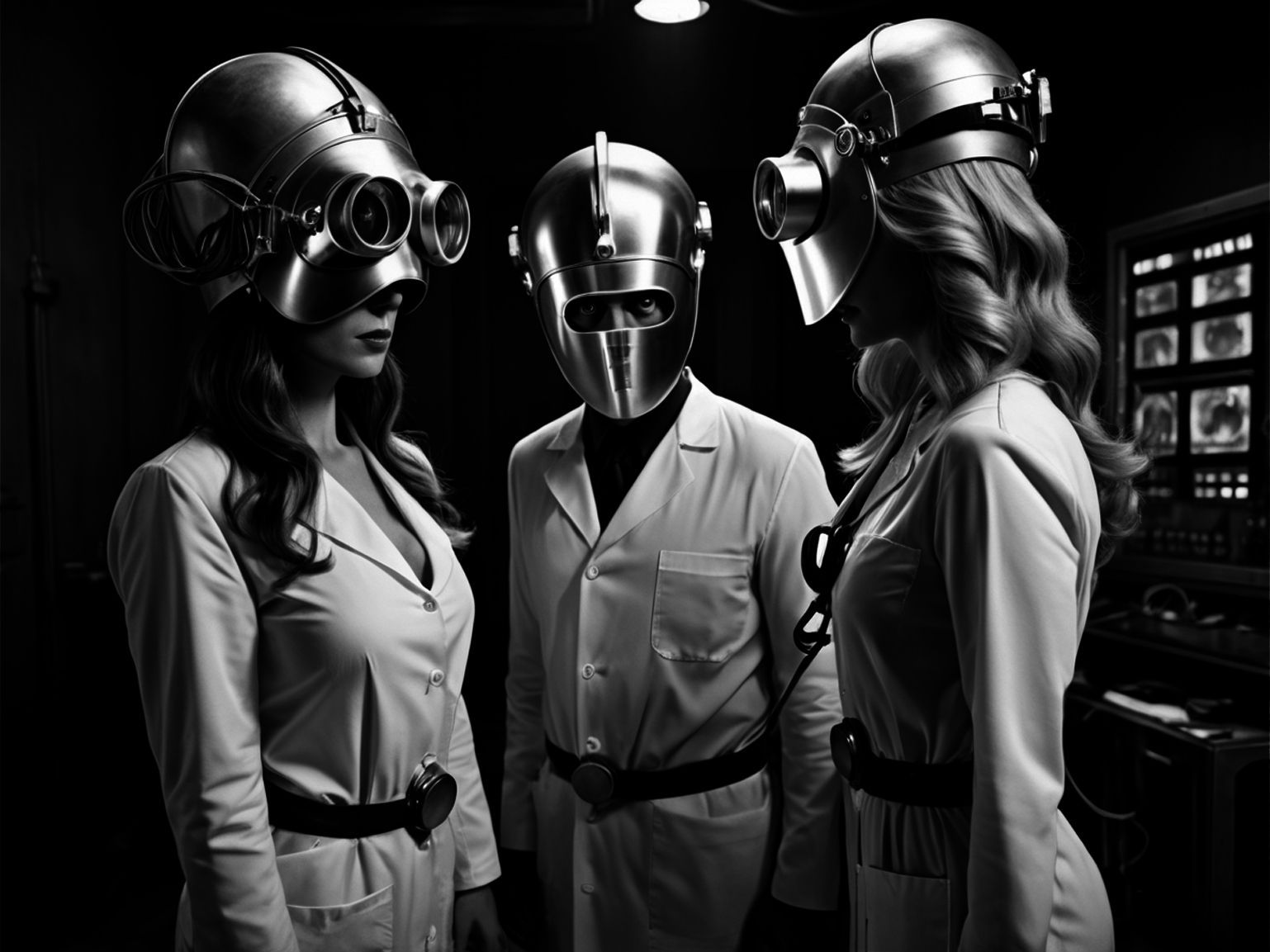 Ich sehe Dich! Grüße vom Doktor... Zwei Frauen und ein Mann stehen in einem dunklen Labor. Bekleidet mit weißen Arztkitteln und futuristischen Aluhelmen.