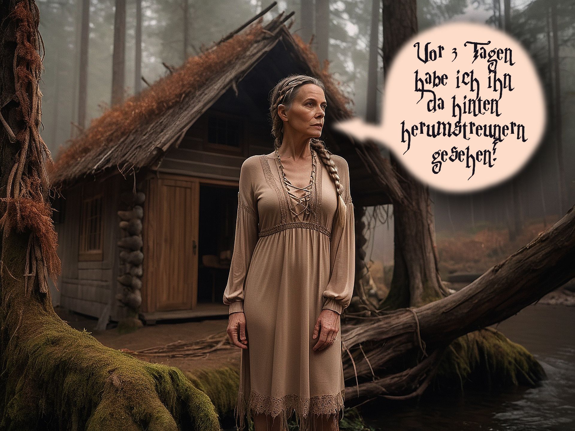 Hans ist im Wald, Magda Ernst beobachtet ganz genau! Eine reife blonde Dame mit Zopf steht im Wald vor einem Waldhaus und schaut nach jungen Männern!