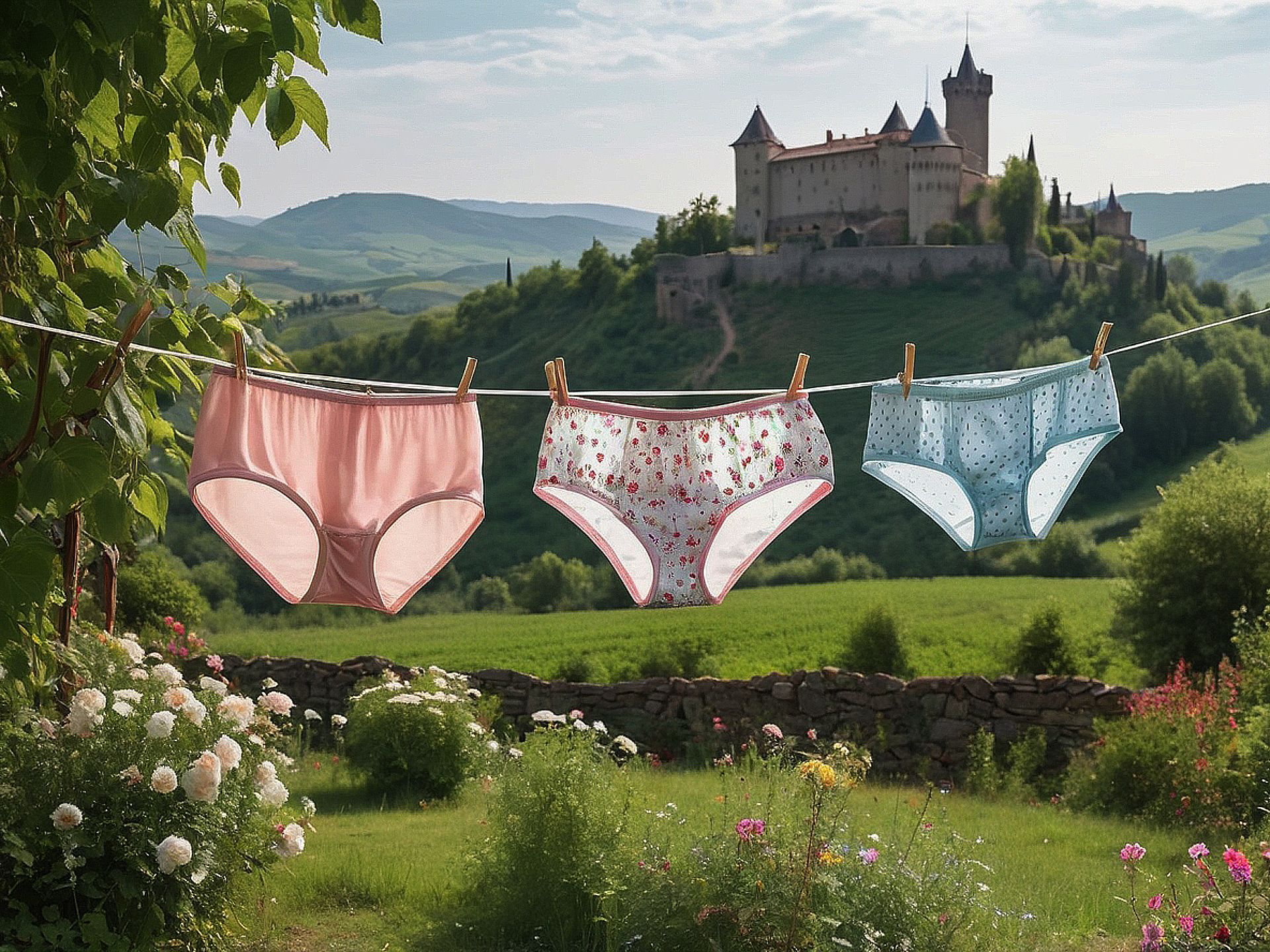 Da hingen mal 4 Hildegard! Ob es Hans war? Sommerwetter, Damenunterwäsche an Wäscheleine, Burg im Hintergrund. Lesespaß mit Hans dem Dieb