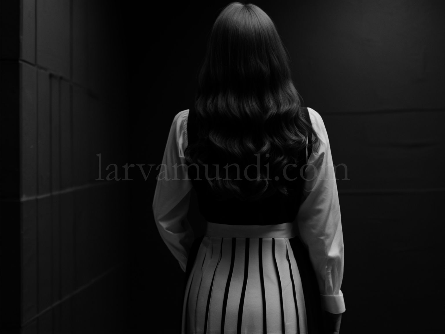 Noch 7 Wochen, dann bin ich Hexe! Rückenansicht einer Hexenschülerin in klassischer Anstaltstracht. Weißer Bundfaltenrock und weißes Hemd, schwarze Weste