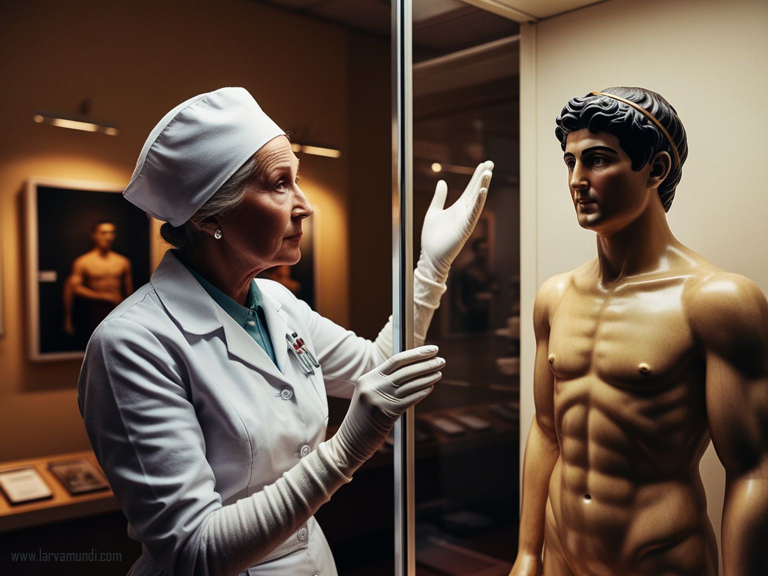 Guten Morgen junger Gott! Eine Oberschwester auf Burg Grottental im Illuminatenraum vor einer Vitrine
