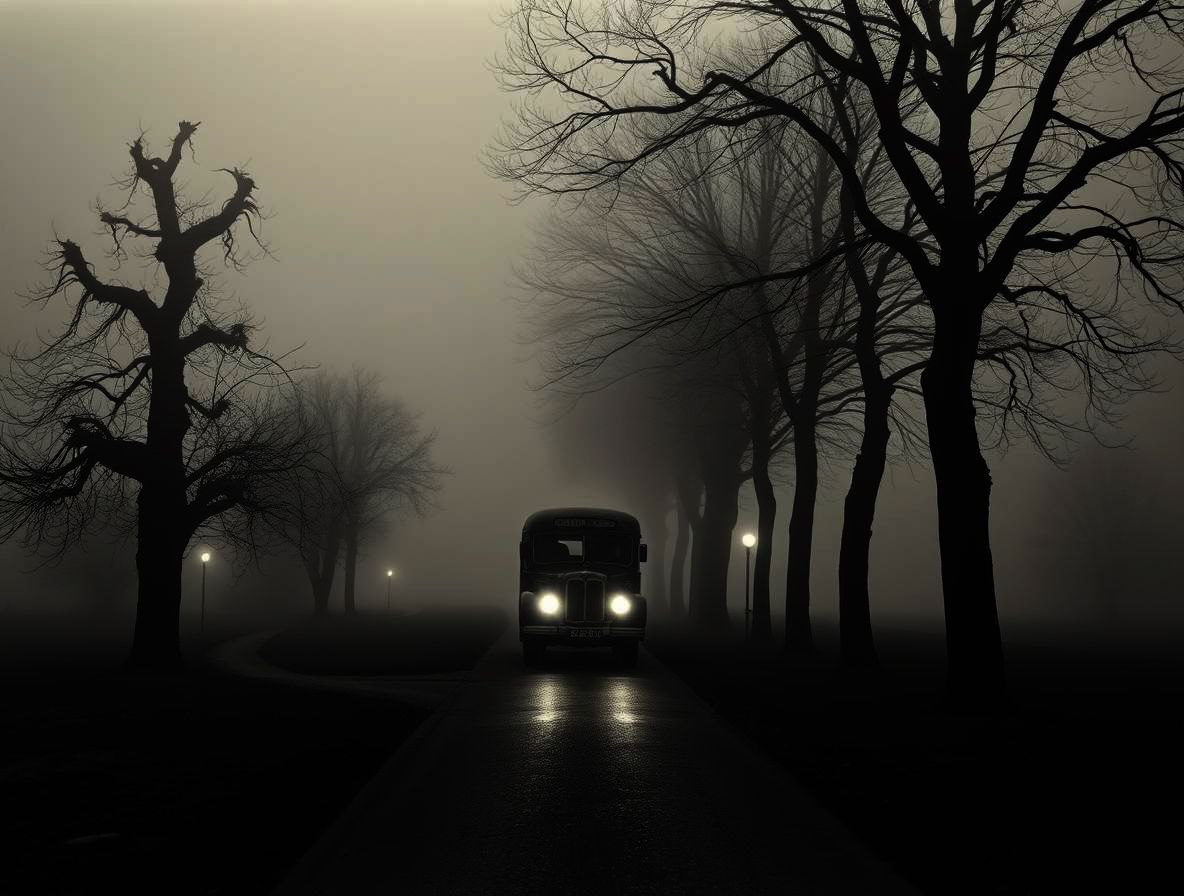 Die muss doch verrückt sein! Oldtimer Bus auf nebeliger Allee