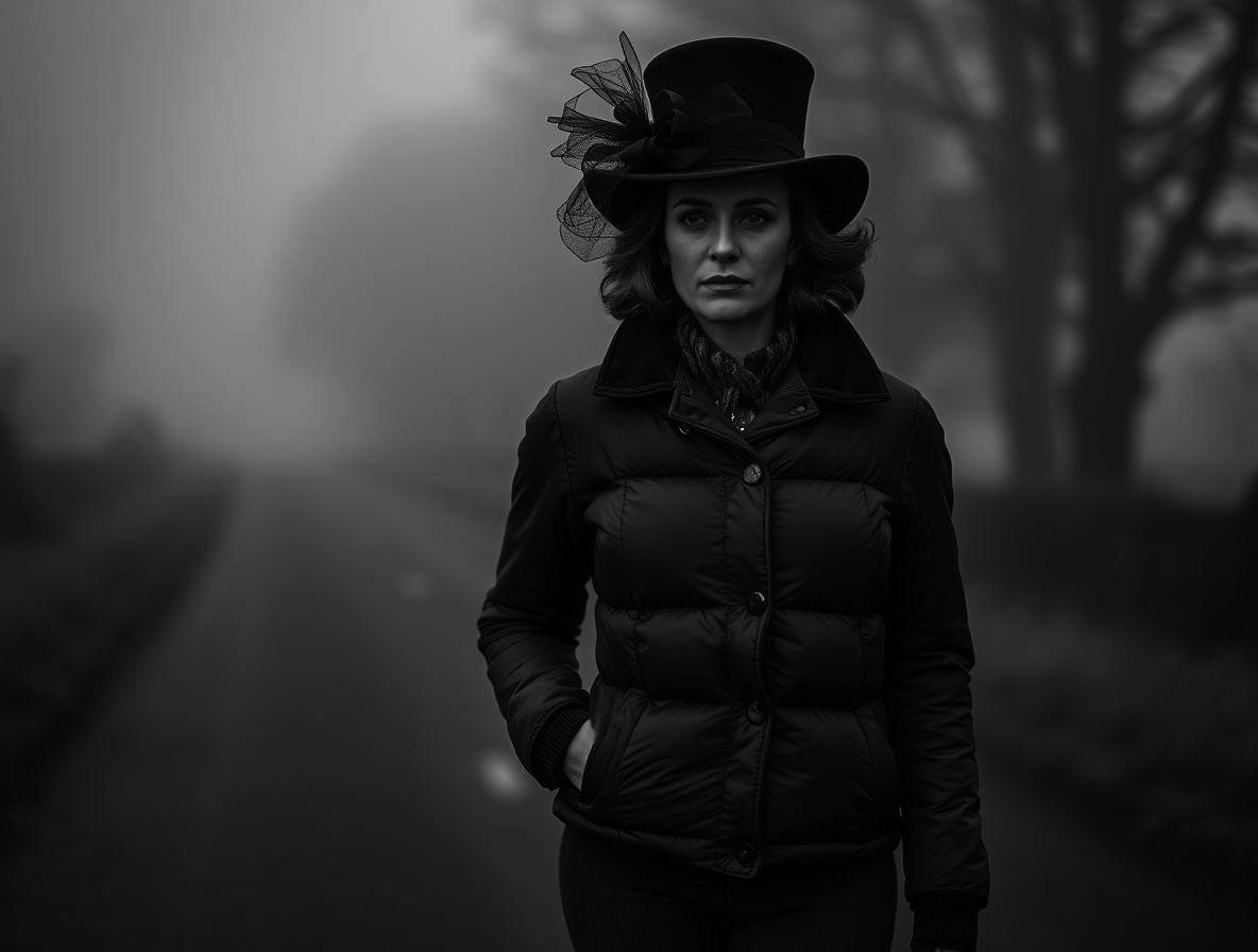 Ich bin bereits Hexe Doktor! Dame in edler Garderobe auf einer nebeligen Straße