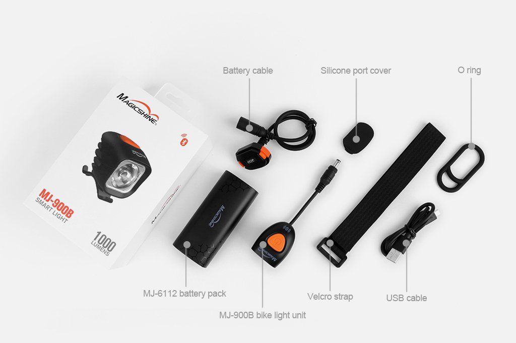 Magicshine MJ 900 Helmlampe mit Zubehör des Sets: Akkukabel, Akku, Befestigungsband, USB Kabel