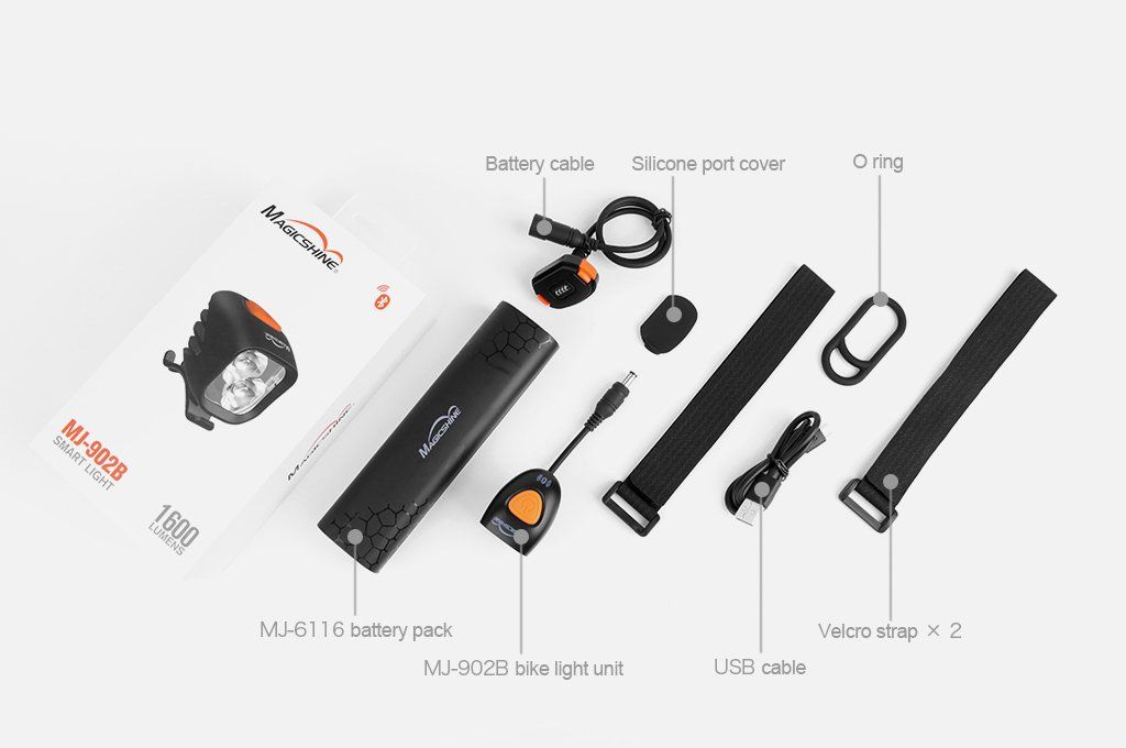 Magicshine Helmlampe MJ 902B Set mit Powerbank-Akku, Lampenkopf, Ladekabel, USB Kabel, Befestigungsband.