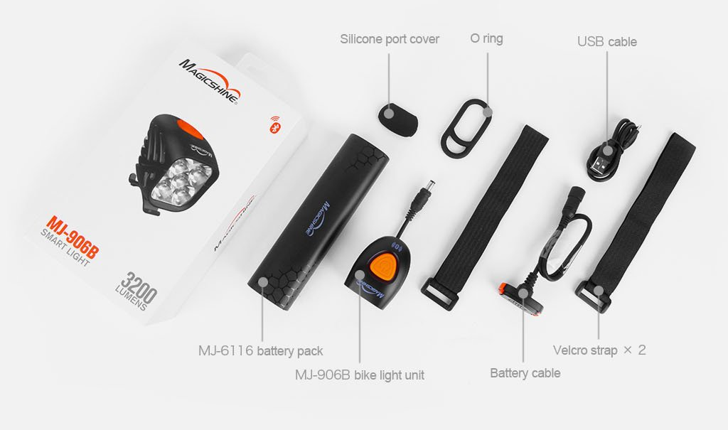 Magicshine Helmlampe MJ 906B Set mit Lampenkopf, Hakterungen, USB Kabel, Akku, Powerbank