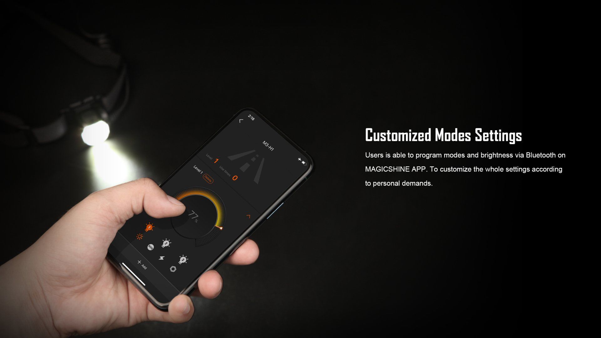 Nachtaufnahme der kraftvollen Magicshine MOH 35 LED Stirnlampe mit Rotlicht, wasserfest, leichtes Gewicht